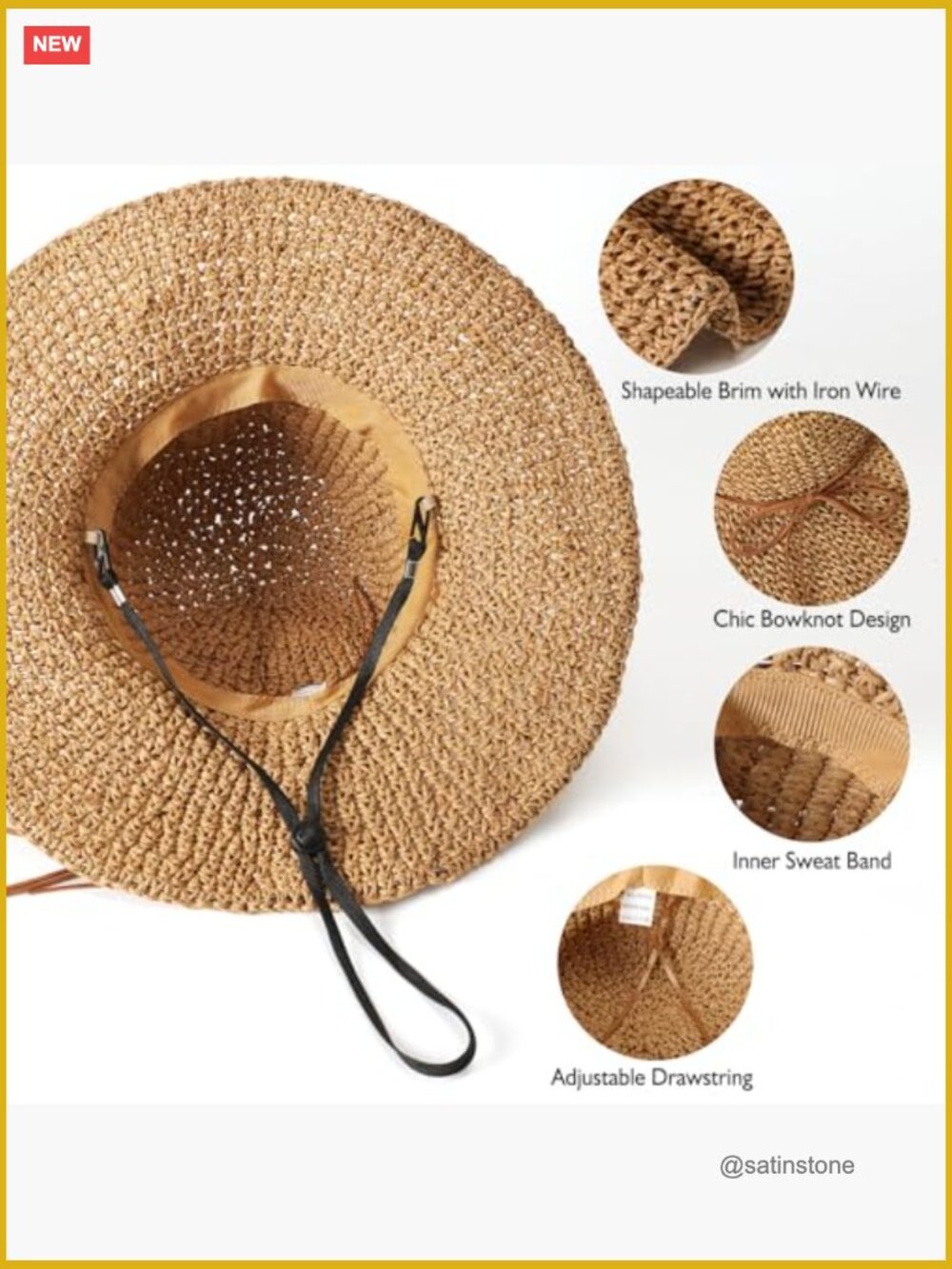 Floppy Wide Brim Paper Straw Sun Hat, Foldable Packable Roll Up Beach Hat - Picture 4 of 7
